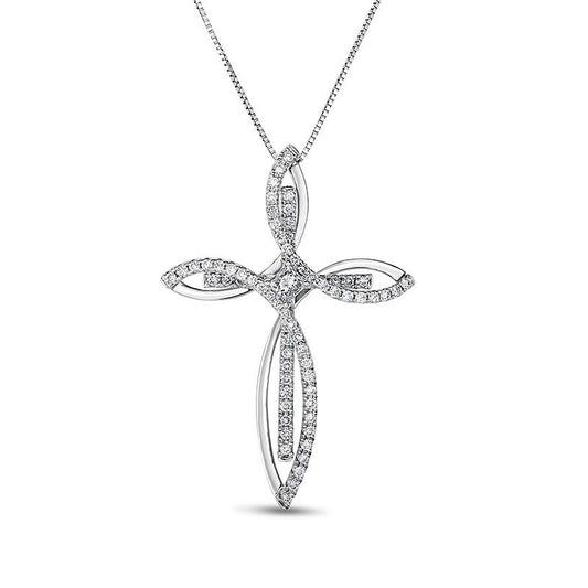 0.63 CT. T.W. Princess-Cut and Round Natural Diamond Looping Overlay Cross Pendant in 14K White Gold