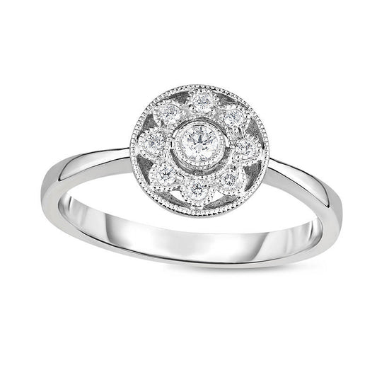 0.13 CT. T.W. Natural Diamond Flower Frame Antique Vintage-Style Promise Ring in Solid 10K White Gold