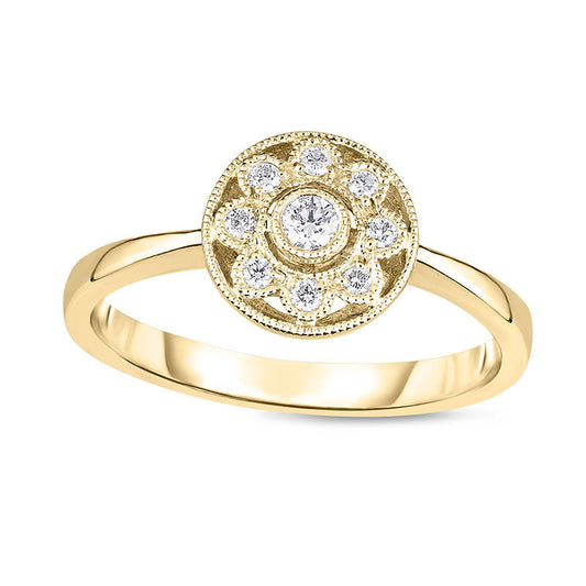 0.13 CT. T.W. Natural Diamond Flower Frame Antique Vintage-Style Promise Ring in Solid 10K Yellow Gold