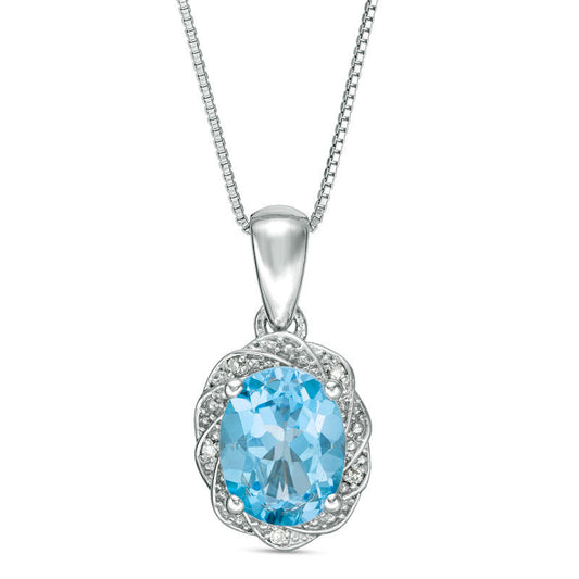 Oval Blue Topaz and Natural Diamond Accent Pinwheel Frame Pendant in Sterling Silver