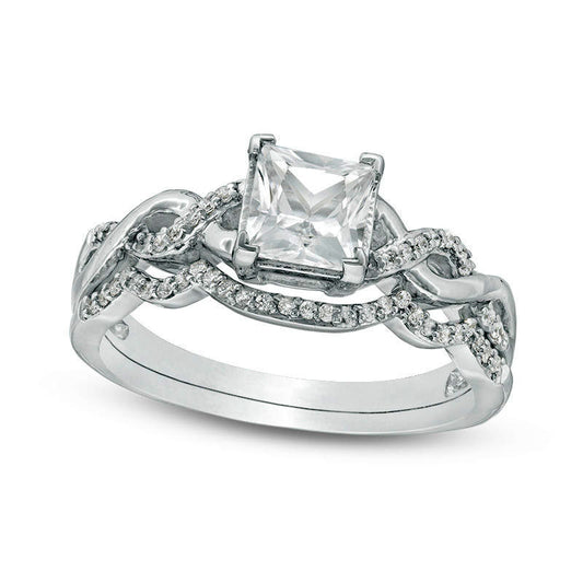 6.0mm Princess-Cut Lab-Created White Sapphire Braided Shank Bridal Engagement Ring Set in Sterling Silver