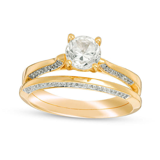 5.7mm Lab-Created White Sapphire and 0.20 CT. T.W. Diamond Bridal Engagement Ring Set in Solid 10K Yellow Gold