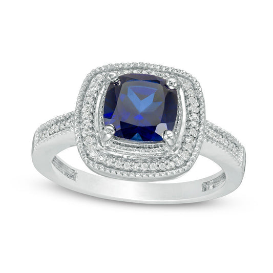 7.0mm Cushion-Cut Lab-Created Blue Sapphire and 0.10 CT. T.W. Diamond Frame Engagement Ring in Solid 10K White Gold