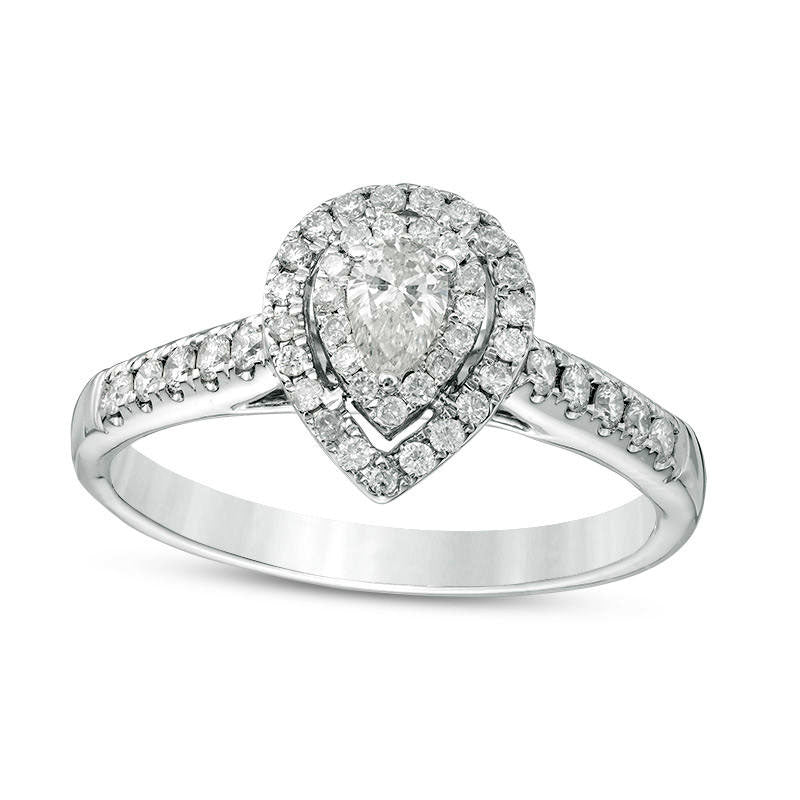 0.50 CT. T.W. Pear-Shaped Natural Diamond Double Frame Engagement Ring in Solid 14K White Gold