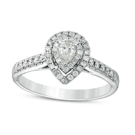 0.50 CT. T.W. Pear-Shaped Natural Diamond Double Frame Engagement Ring in Solid 14K White Gold