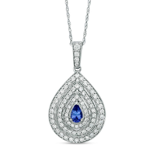 Pear-Shaped Tanzanite and 0.63 CT. T.W. Natural Diamond Triple Frame Antique Vintage-Style Pendant in 14K White Gold