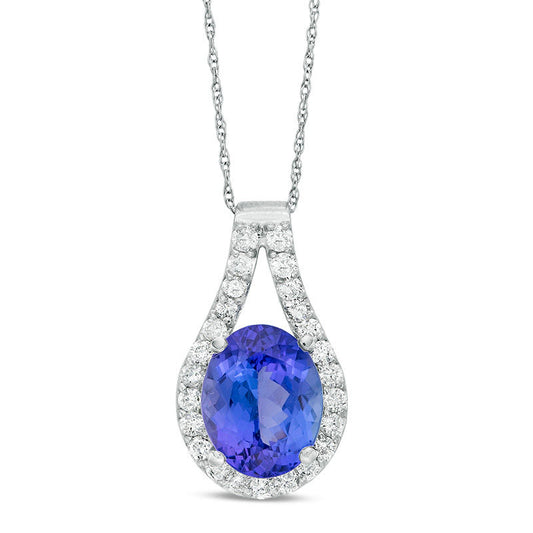 Oval Tanzanite and 0.5 CT. T.W. Natural Diamond Frame Teardrop Pendant in 14K White gold