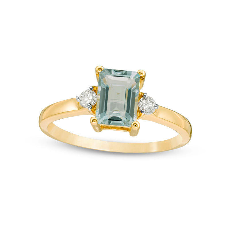 Emerald-Cut Aquamarine and 0.10 CT. T.W. Natural Diamond Ring in Solid 10K Yellow Gold