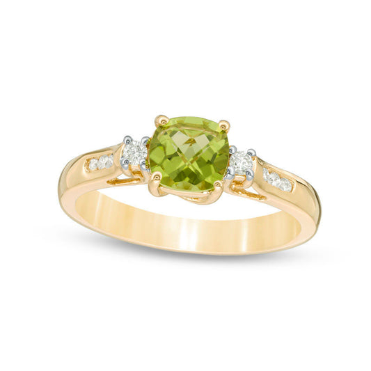 5.0mm Cushion-Cut Peridot and 0.13 CT. T.W. Natural Diamond Ring in Solid 10K Yellow Gold