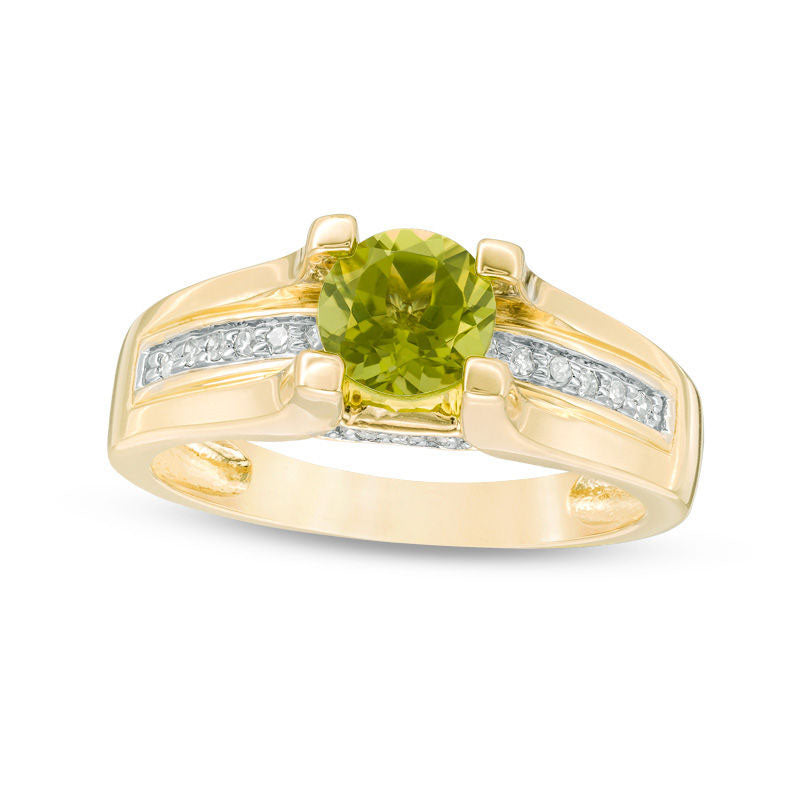 6.0mm Peridot and 0.10 CT. T.W. Natural Diamond Cathedral Shank Ring in Solid 10K Yellow Gold