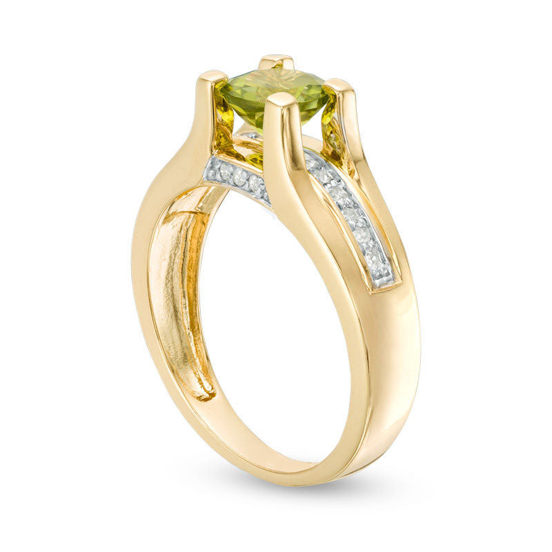 6.0mm Peridot and 0.10 CT. T.W. Natural Diamond Cathedral Shank Ring in Solid 10K Yellow Gold