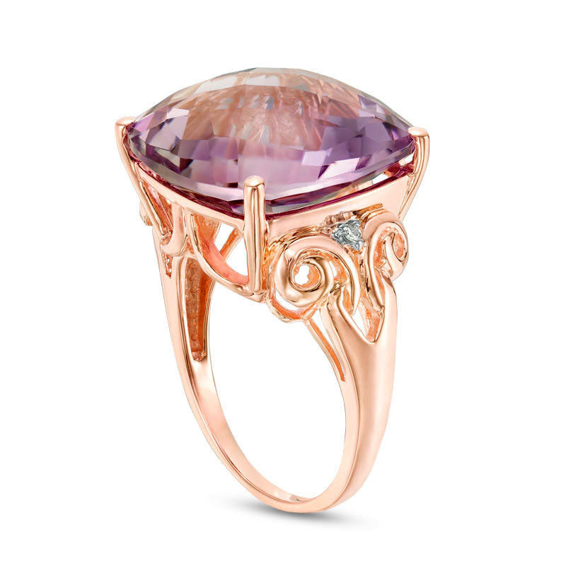 15.0mm Cushion-Cut Rose de France Amethyst and Natural Diamond Accent Filigree Ring in Solid 10K Rose Gold