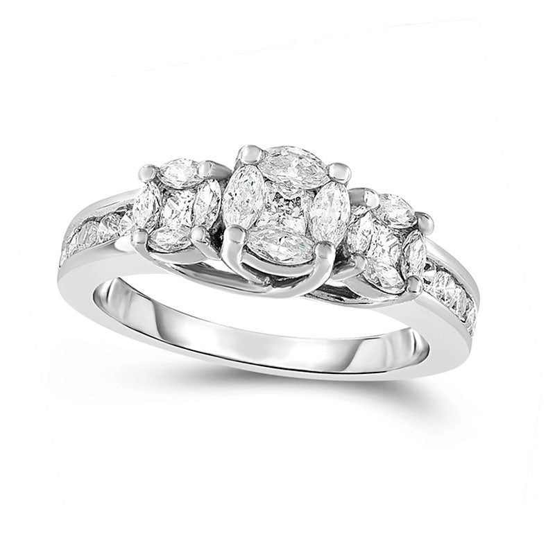 1.0 CT. T.W. Marquise and Princess-Cut Composite Natural Diamond Three Stone Engagement Ring in Solid 14K White Gold