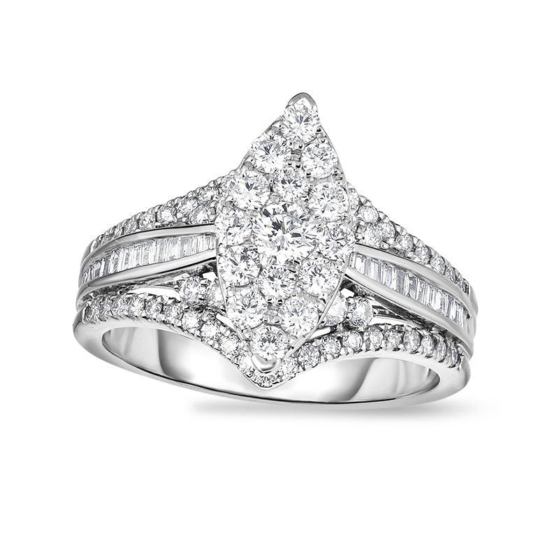 1.0 CT. T.W. Composite Natural Diamond Marquise Frame Multi-Row Engagement Ring in Solid 14K White Gold