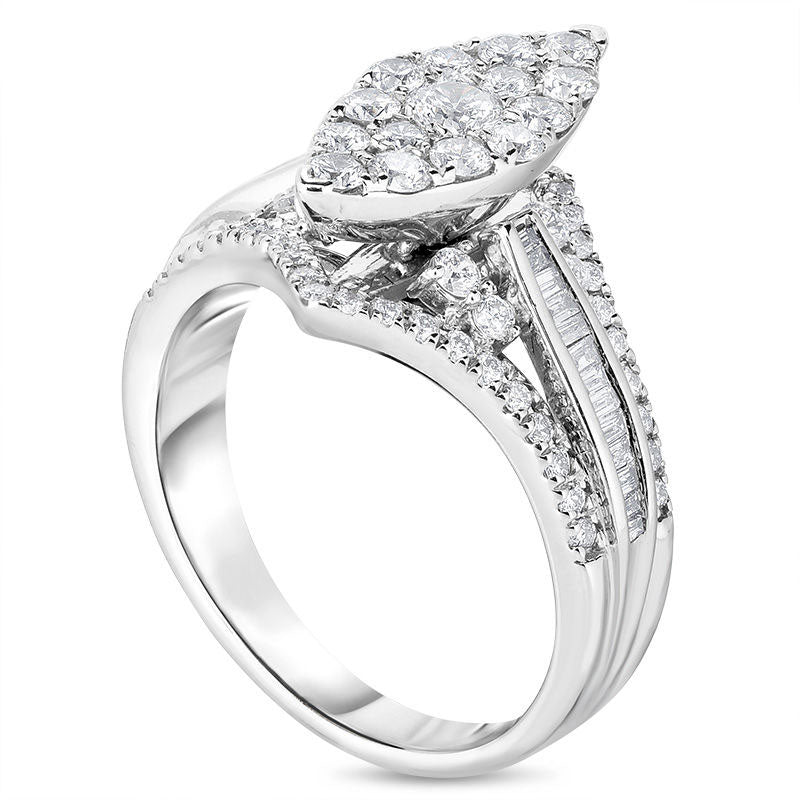 1.0 CT. T.W. Composite Natural Diamond Marquise Frame Multi-Row Engagement Ring in Solid 14K White Gold