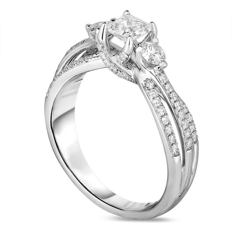 1.0 CT. T.W. Princess-Cut Natural Diamond Three Stone Split Shank Engagement Ring in Solid 14K White Gold