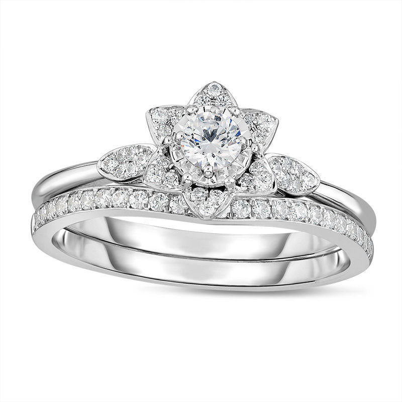 0.38 CT. T.W. Natural Diamond Flower Frame Bridal Engagement Ring Set in Solid 14K White Gold