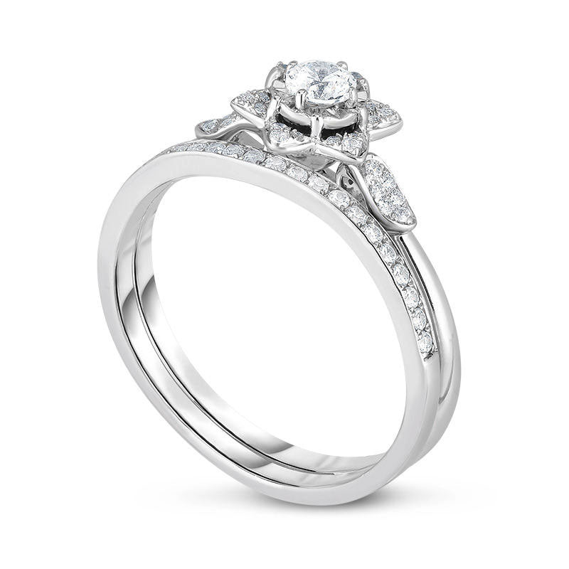 0.38 CT. T.W. Natural Diamond Flower Frame Bridal Engagement Ring Set in Solid 14K White Gold