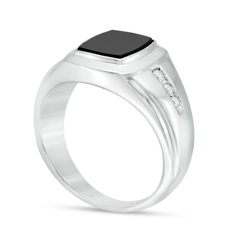 Men's Barrel-Shaped Onyx and 0.13 CT. T.W. Natural Diamond Signet Ring in Sterling Silver