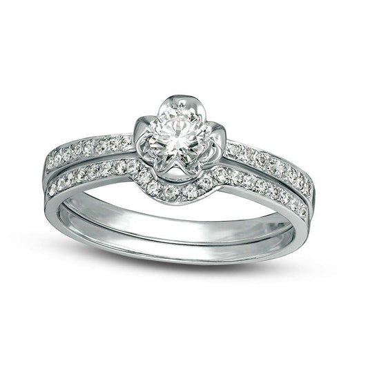 0.50 CT. T.W. Natural Diamond Flower Bridal Engagement Ring Set in Solid 14K White Gold