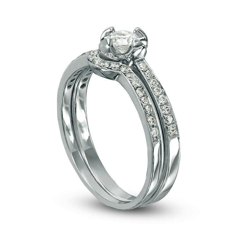 0.50 CT. T.W. Natural Diamond Flower Bridal Engagement Ring Set in Solid 14K White Gold