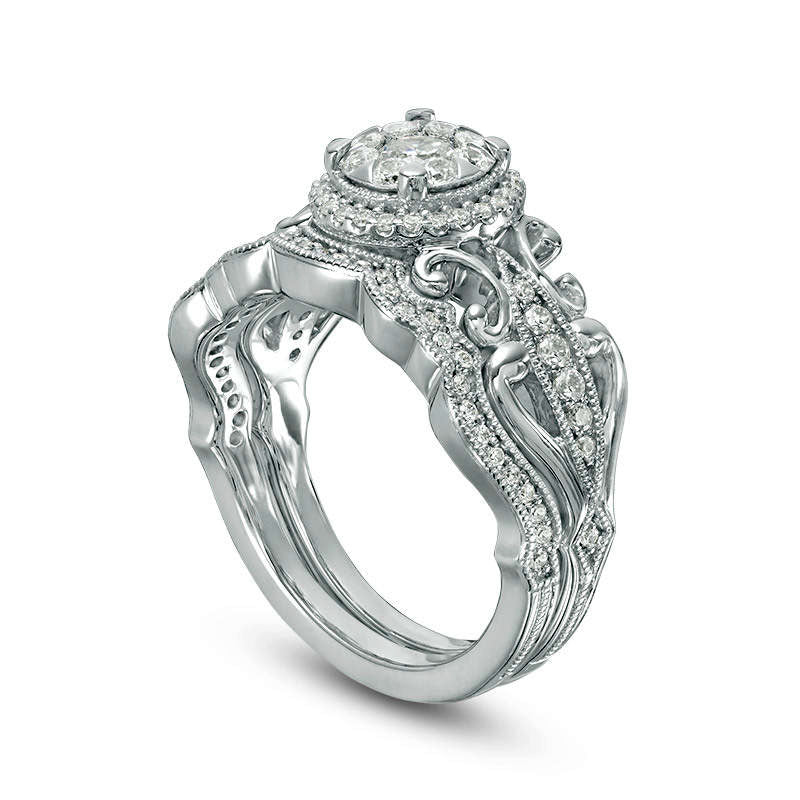 0.63 CT. T.W. Natural Diamond Frame Filigree Antique Vintage-Style Bridal Engagement Ring Set in Solid 10K White Gold