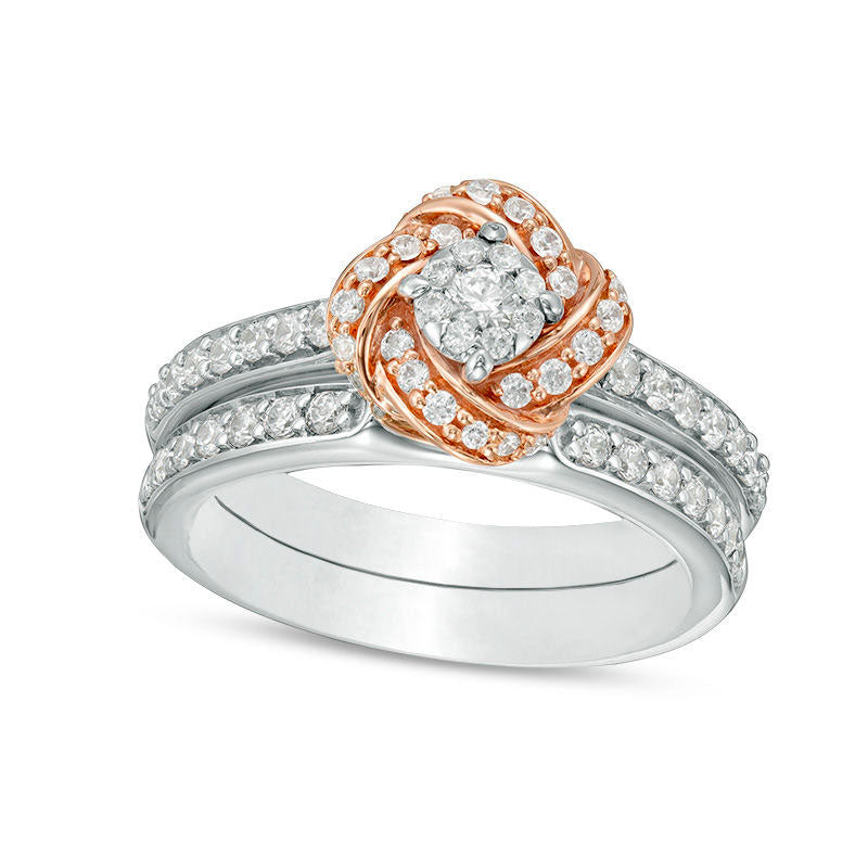 0.63 CT. T.W. Natural Diamond Love Knot Frame Bridal Engagement Ring Set in Solid 10K Two-Tone Gold