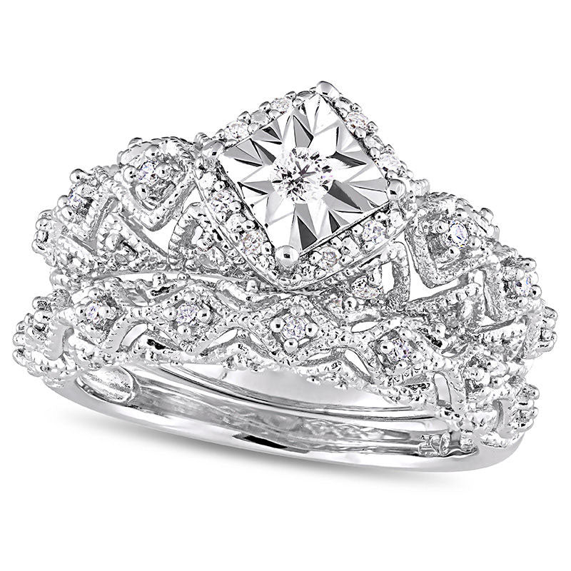 0.20 CT. T.W. Natural Diamond Tilted Square Frame Antique Vintage-Style Bridal Engagement Ring Set in Sterling Silver