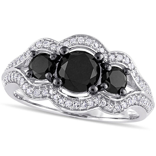 1.75 CT. T.W. Enhanced Black and White Natural Diamond Three Stone Bypass Scallop Frame Engagement Ring in Solid 10K White Gold