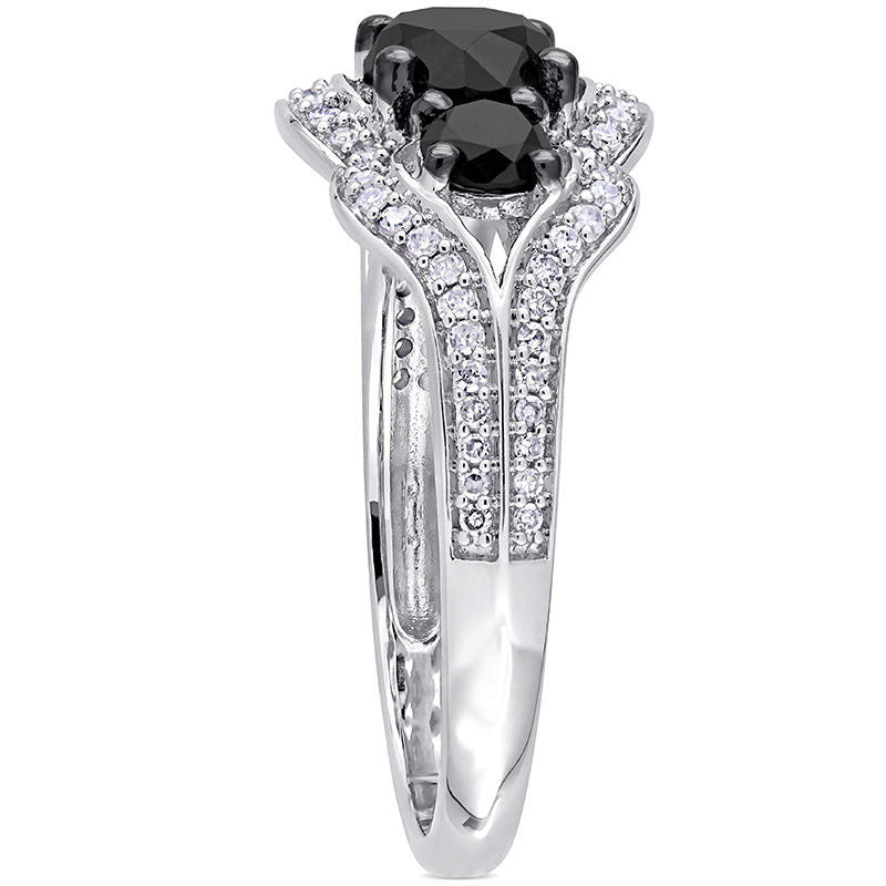 1.75 CT. T.W. Enhanced Black and White Natural Diamond Three Stone Bypass Scallop Frame Engagement Ring in Solid 10K White Gold