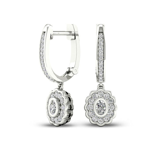 0.5 CT. T.W. Oval Diamond Flower Frame Drop Hoop Earrings in 10K White Gold