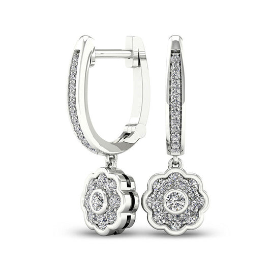 0.5 CT. T.W. Diamond Flower Frame Drop Hoop Earrings in 10K White Gold