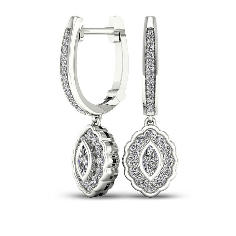 0.5 CT. T.W. Marquise Diamond Flower Frame Drop Hoop Earrings in 10K White Gold