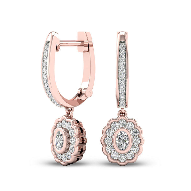 0.5 CT. T.W. Oval Diamond Flower Frame Drop Hoop Earrings in 10K Rose Gold