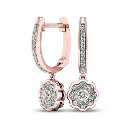 0.5 CT. T.W. Diamond Flower Frame Drop Hoop Earrings in 10K Rose Gold