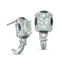 Oval Blue Topaz and Enhanced Black and White Diamond Accent Bead Frame Art Deco J-Hoop Earrings in Sterling Silver