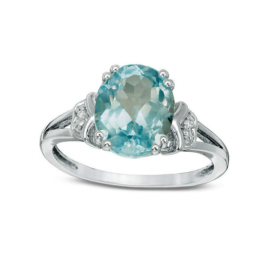 Oval Blue Topaz and Natural Diamond Accent Split Shank Antique Vintage-Style Ring in Sterling Silver