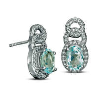 Oval Blue Topaz and Diamond Accent Bead Frame Interlocking Circles Drop Earrings in Sterling Silver