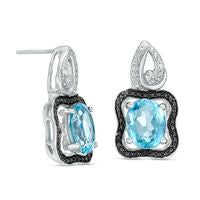 Oval Blue Topaz and Enhanced Black and White Diamond Accent Bead Frame Art Deco Drop Earrings in Sterling Silver