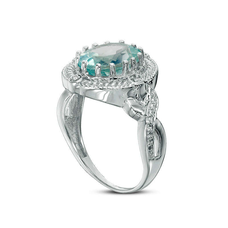 Oval Blue Topaz and Natural Diamond Accent Beaded Rope-Textured Frame Antique Vintage-Styles Ring in Sterling Silver