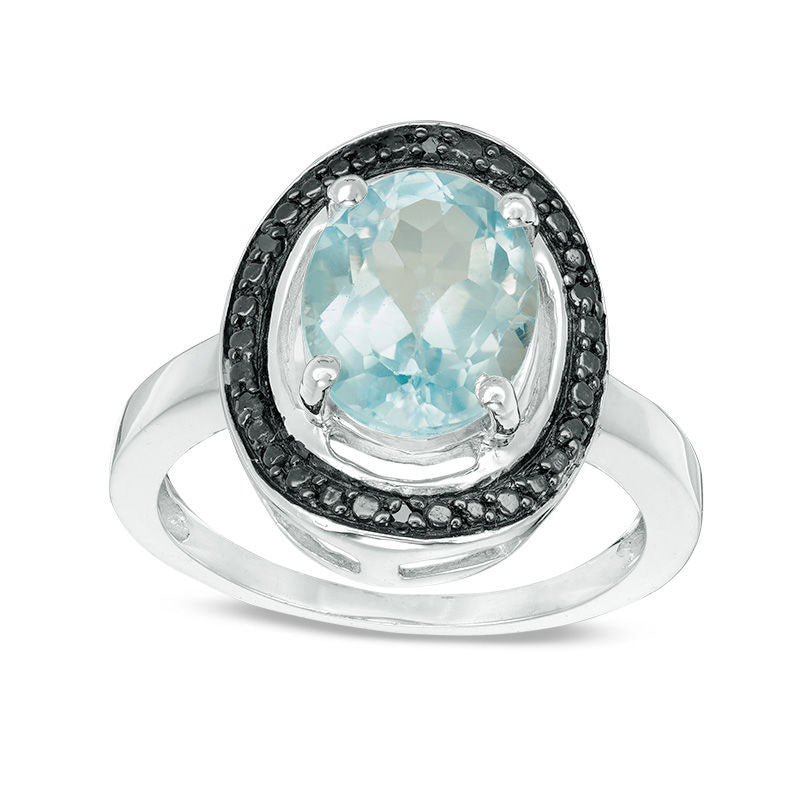 Oval Blue Topaz and Enhanced Black Natural Diamond Accent Concave Frame Ring in Sterling Silver