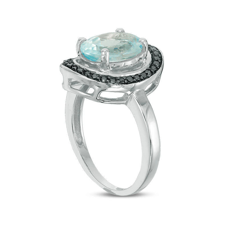 Oval Blue Topaz and Enhanced Black Natural Diamond Accent Concave Frame Ring in Sterling Silver