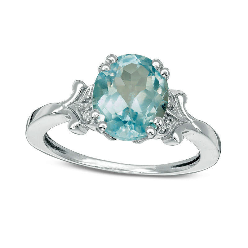 Oval Blue Topaz and Natural Diamond Accent Antique Vintage-Style Ring in Sterling Silver