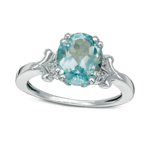 Oval Blue Topaz and Natural Diamond Accent Antique Vintage-Style Ring in Sterling Silver