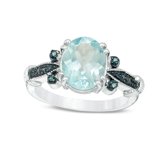 Oval Blue Topaz and Enhanced Blue Natural Diamond Accent Antique Vintage-Style Collared Ring in Sterling Silver