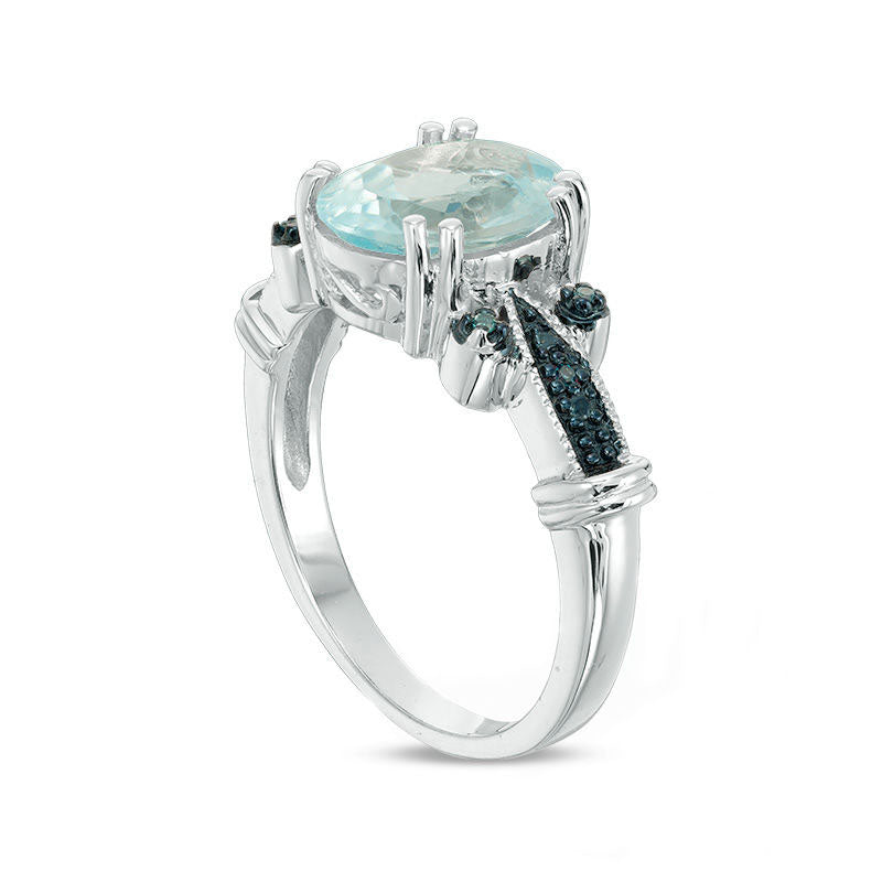 Oval Blue Topaz and Enhanced Blue Natural Diamond Accent Antique Vintage-Style Collared Ring in Sterling Silver