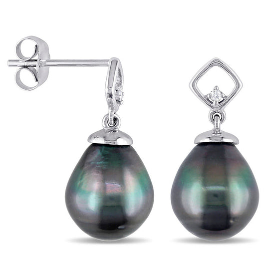 8.0 - 8.5mm Baroque Black Cultured Tahitian Pearl and Diamond Accent Geometric Drop Earrings in 10K White Gold