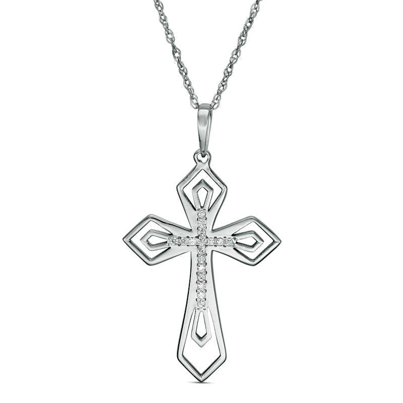 0.05 CT. T.W. Natural Diamond Laser-Cut Gothic-Style Cross Pendant in 10K White Gold