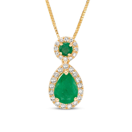 Emerald and 0.17 CT. T.W. Natural Diamond Frame Drop Pendant in 10K Yellow Gold