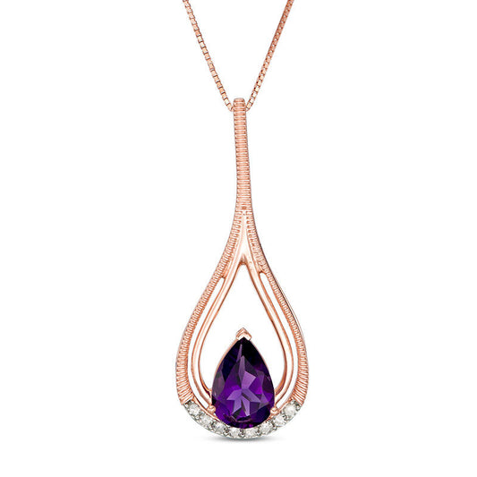 Pear-Shaped Amethyst and 0.07 CT. T.W. Natural Diamond Textured Double Frame Teardrop Pendant in 10K Rose Gold